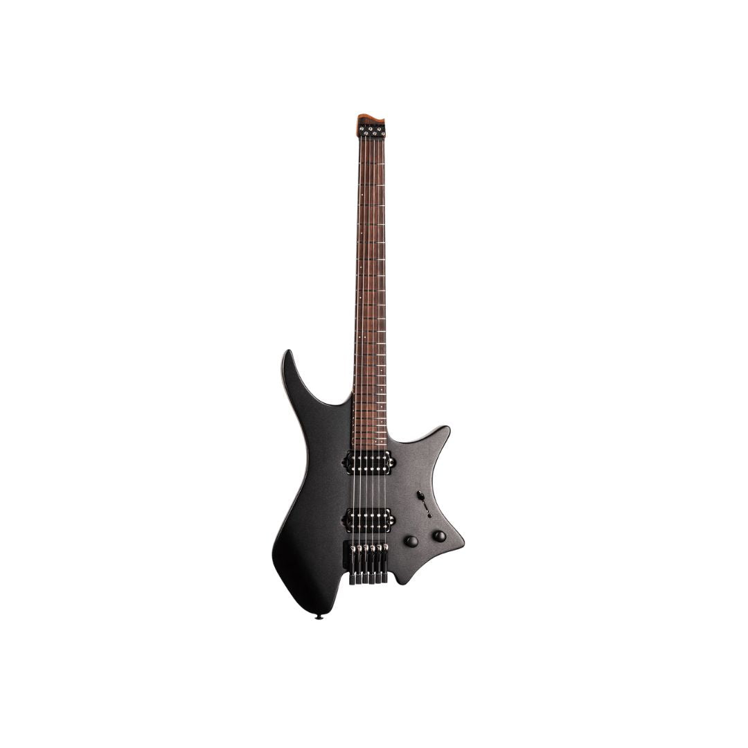 A modern electric guitar with a matte black body, dark brown fretboard, and black hardware, shown against a plain white background.