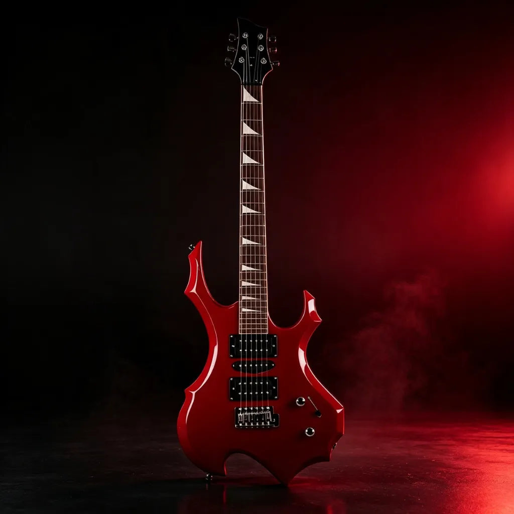 A red Norlyth kenez IR 990  electric guitar with black hardware and white inlay on the fretboard, standing upright against a dark background with red lighting and smoke.