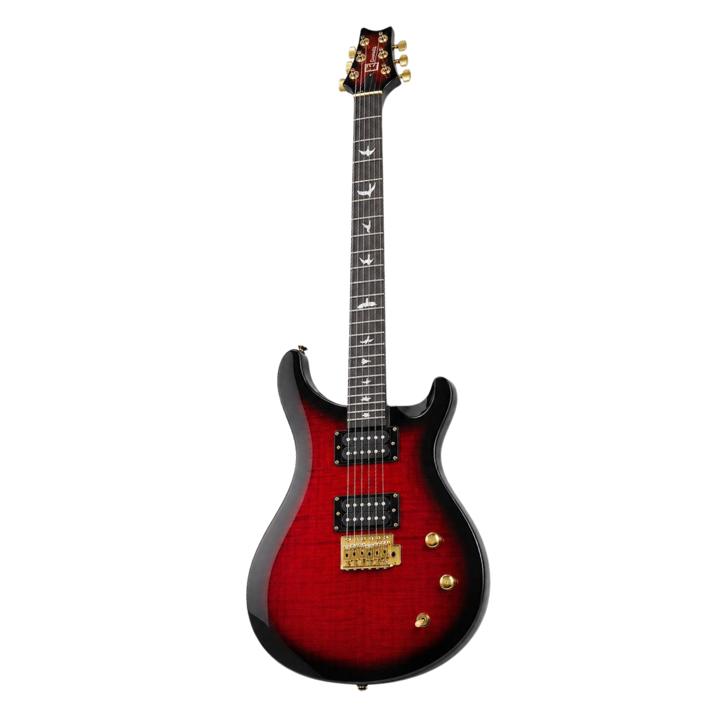 A Norlyth_Aurora_Borealis_SE24 electric guitar with a glossy red-to-black flame finish, black hardware, and gold-toned pickups and control knobs, shown against a plain white background.