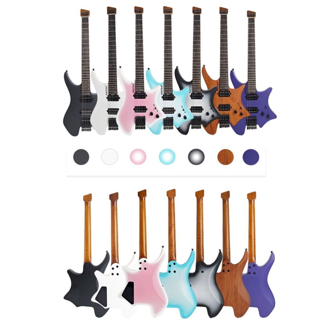 A set of electric guitar bodies shown in multiple colors, arranged in two rows on a white background, with circular color swatches displayed below.