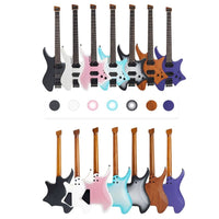 A set of electric guitar bodies shown in multiple colors, arranged in two rows on a white background, with circular color swatches displayed below.