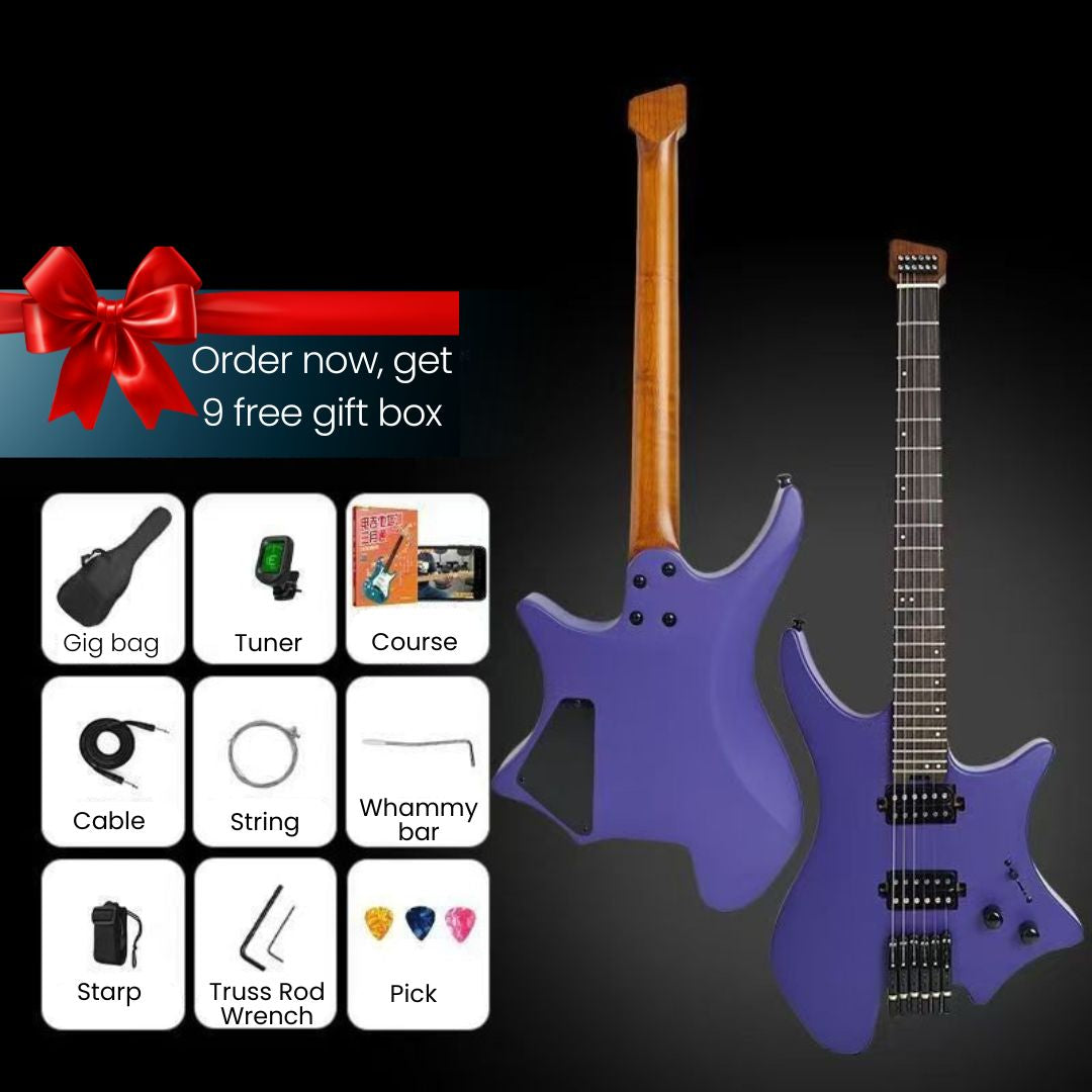 Two purple electric guitars shown on a black background, one upright and one angled, with a large red gift box graphic and text offering a free gift box. A grid of included accessories appears on the left, including a gig bag, tuner, course, cable, string, whammy bar, starp, truss rod wrench, and picks.
