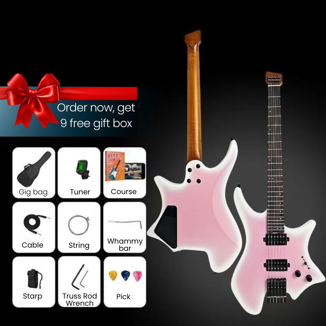 A pink electric guitar shown from two angles on a black background, with a large red gift box banner and a grid of included accessories labeled Gig bag, Tuner, Course, Cable, String, Whammy bar, Starp, Truss Rod Wrench, and Pick.