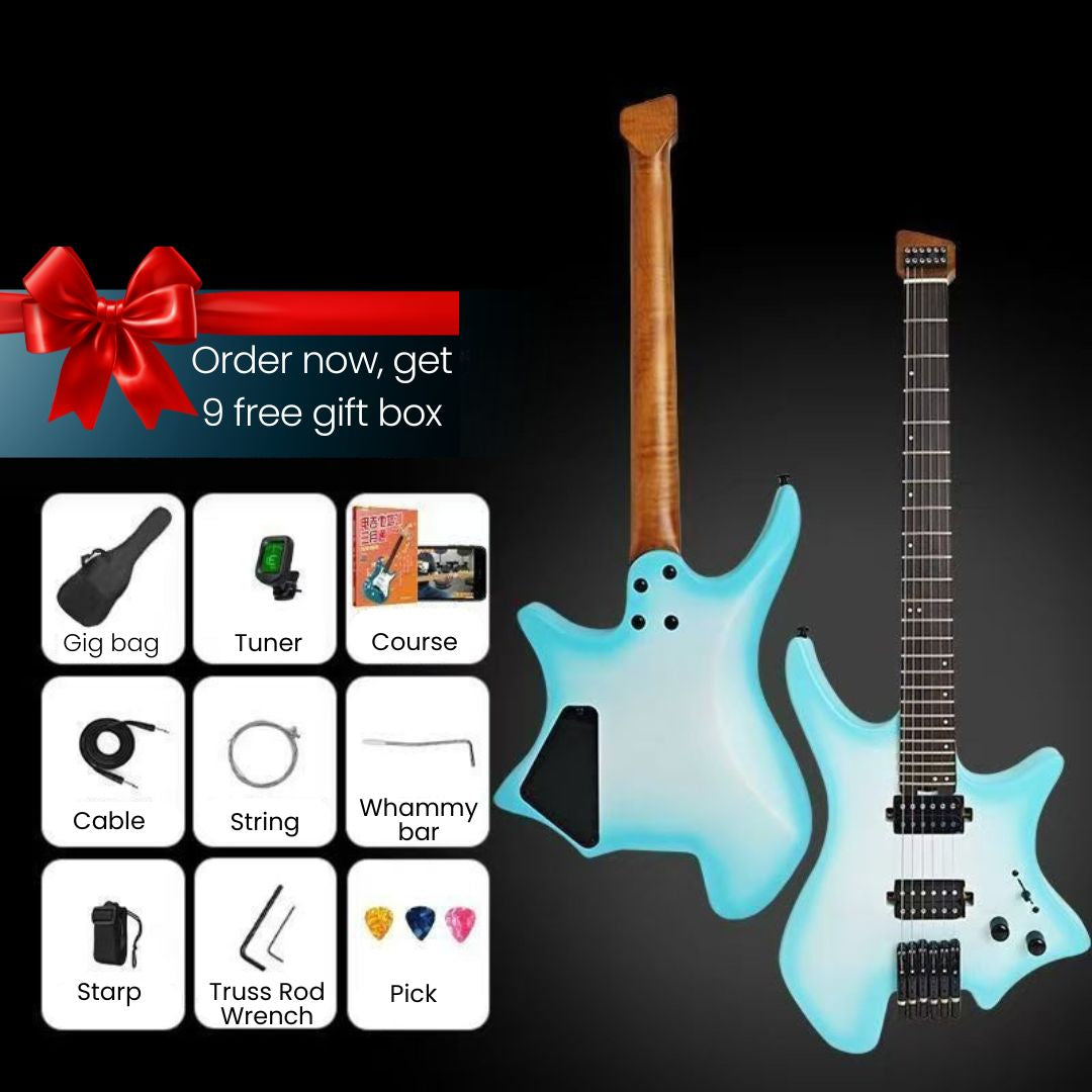 A promotional product graphic showing two light blue electric guitars on a black background, one showing the back and the other showing the front. A red ribbon bow and text reading &