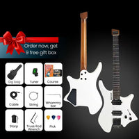 A white electric guitar shown from the front and side against a black background, with a wooden neck. The image includes a large red gift box offer banner reading 'Order now, get 9 free gift box' and a grid of included accessories: gig bag, tuner, course, cable, string, whammy bar, starp, truss rod wrench, and picks.