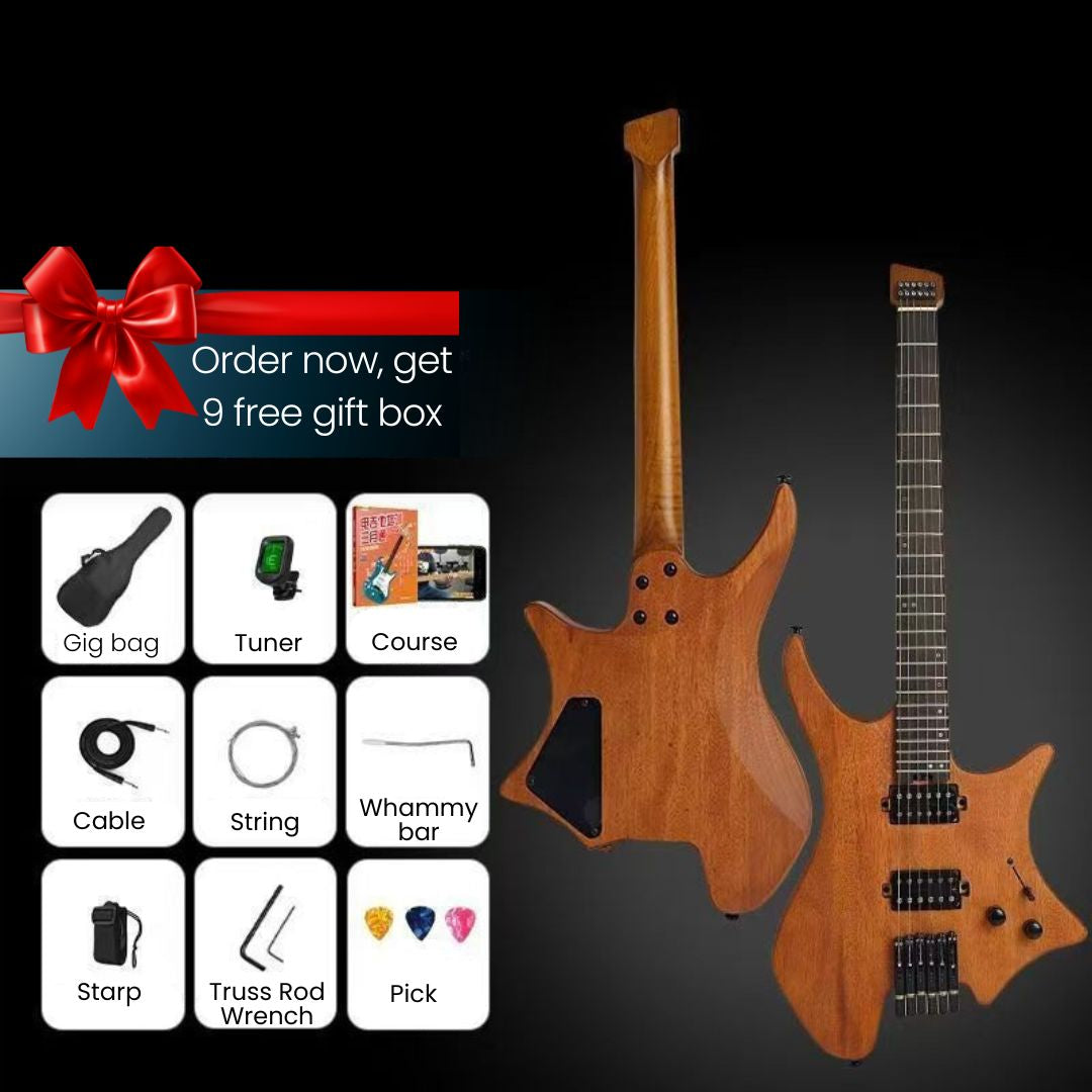 Two wooden electric guitars shown on a black background with promotional text and accessory icons for a free gift box. The left side includes a red bow graphic and a grid of included items: gig bag, tuner, course, cable, string, whammy bar, starp, truss rod wrench, and picks.