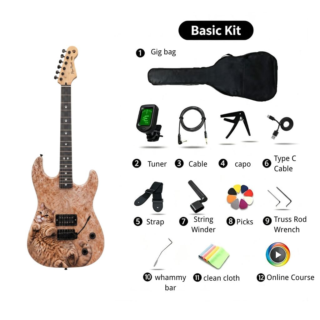 An electric guitar shown next to a labeled &