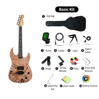 An electric guitar shown next to a labeled 'Basic Kit' contents layout on a white background. The guitar has a light natural wood body with dark flame-like inlays and a dark neck.