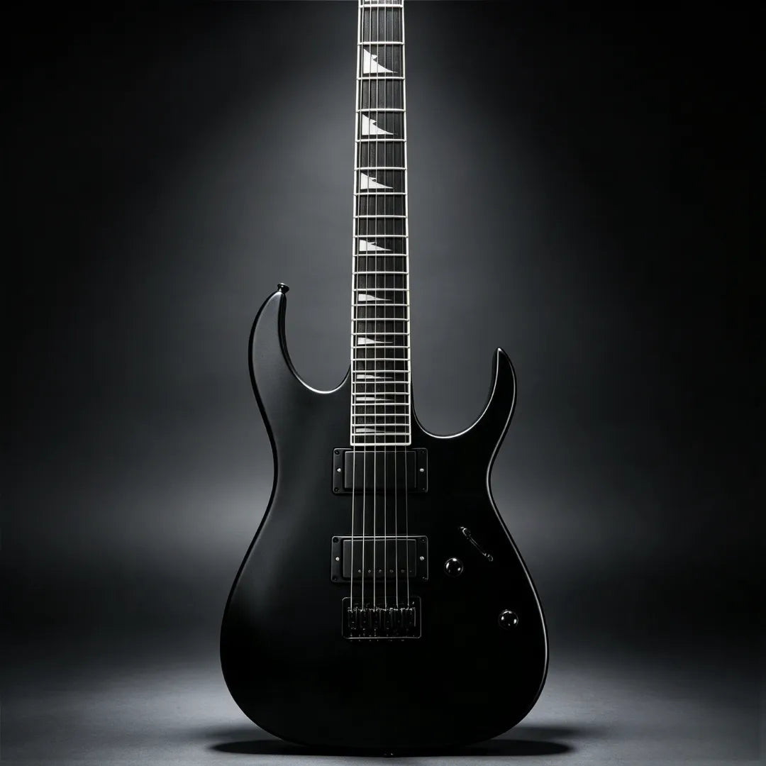 A black electric guitar with a matte black finish, shown from the front against a dark studio background with a spotlight effect.