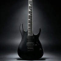 A black electric guitar with a matte black finish, shown from the front against a dark studio background with a spotlight effect.