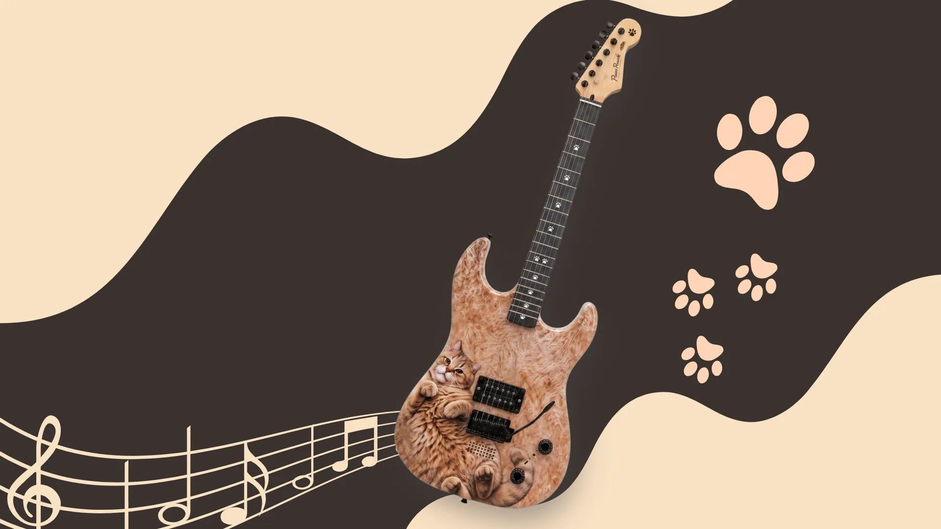 A decorative electric guitar with a realistic cat face carved into the body, set against a stylized beige and dark brown background with paw prints and musical notes.