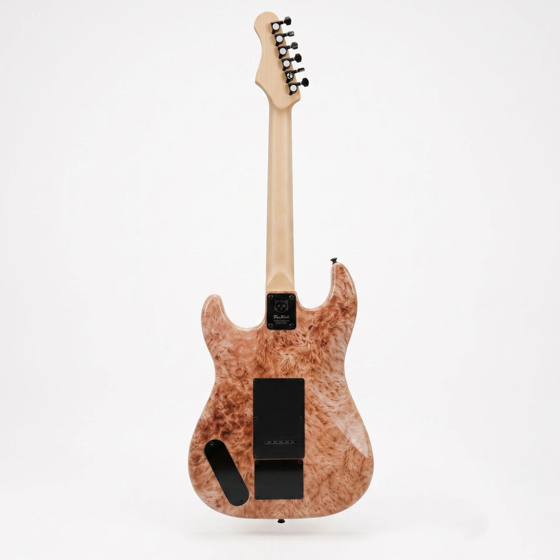 The back of an electric guitar with a natural light wood neck and a maple burl wood body showing a prominent wavy grain pattern in warm brown and beige tones, photographed against a solid white background.
