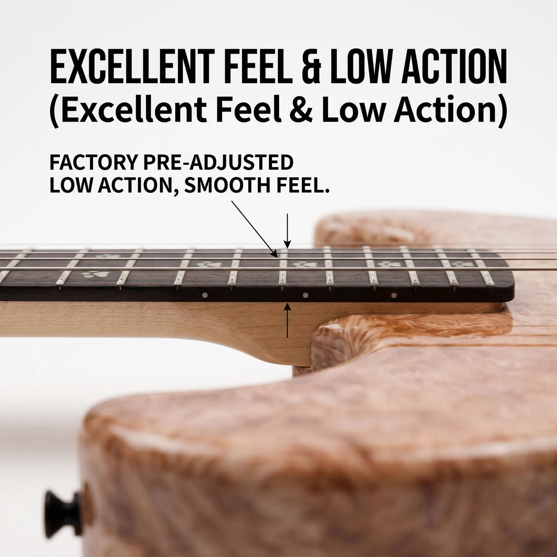 Close-up of a guitar fretboard and neck joint with text reading &