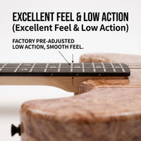 Close-up of a guitar fretboard and neck joint with text reading 'EXCELLENT FEEL & LOW ACTION' and 'FACTORY PRE-ADJUSTED LOW ACTION, SMOOTH FEEL.'.