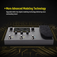 Matriline 61 white-box digital modeling pedal shown at an angle on a dark background with circuit board graphics and promotional text highlighting advanced modeling technology.
