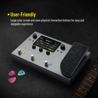 Guitar effects pedal with large color screen and physical buttons on a dark background