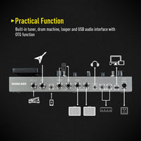Diagram of a SONICAKE audio device with labeled functions on a black background