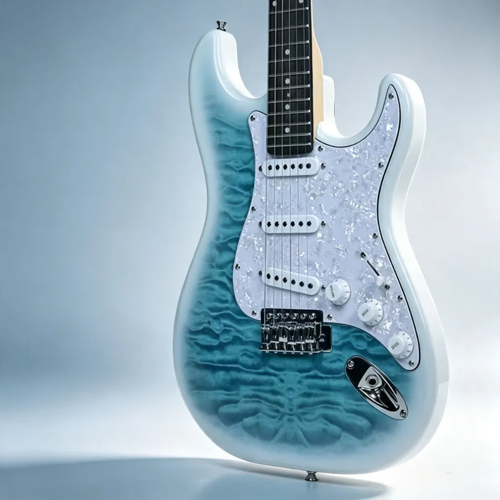 A electric guitar with a light blue to turquoise wavy quilted finish, a white starburst pickguard, and chrome hardware, shown on a light gray background.