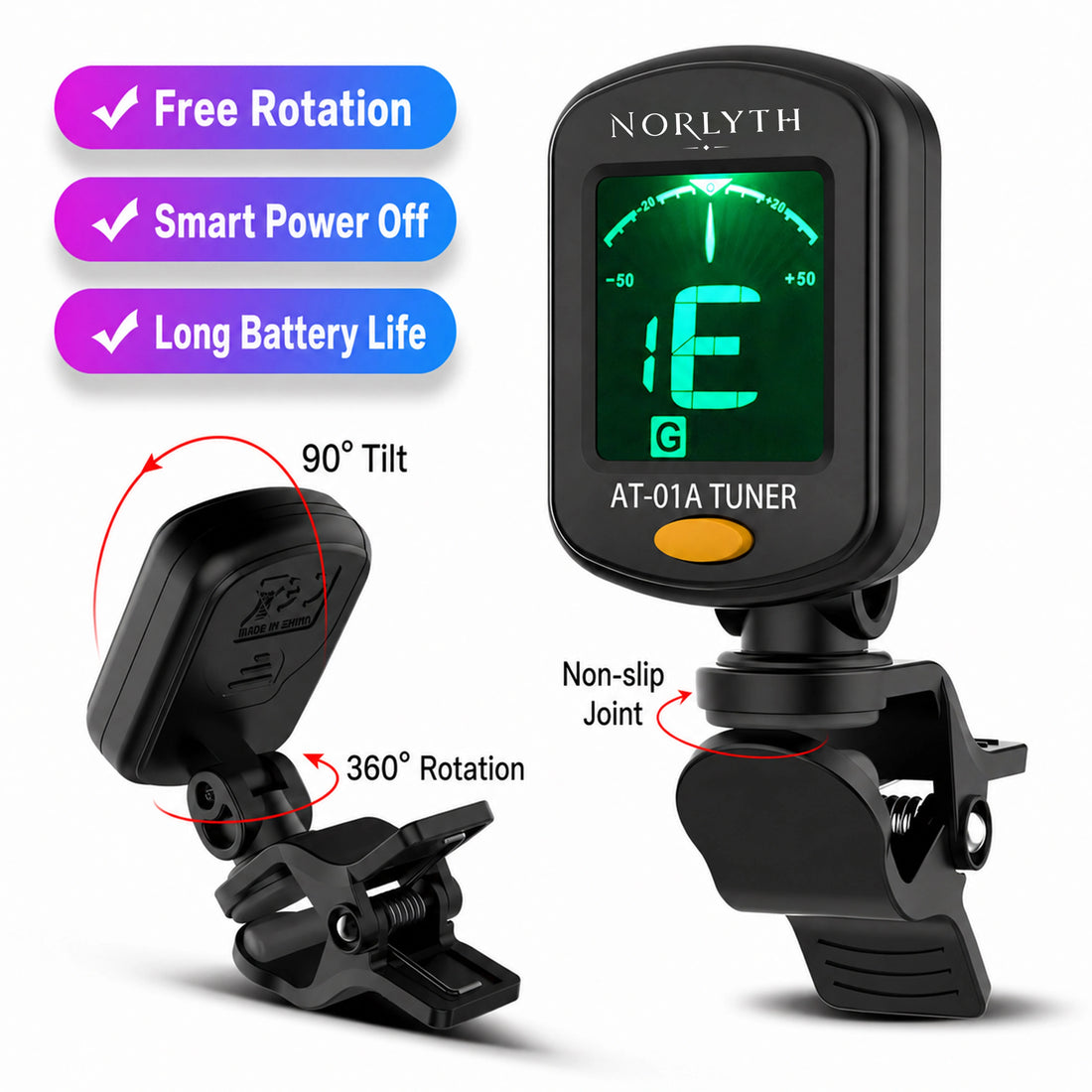 NORLYTH AT-01A digital guitar clamp tuner shown on a white background with feature callouts and angle diagrams. The tuner is black with a green display screen and orange button.