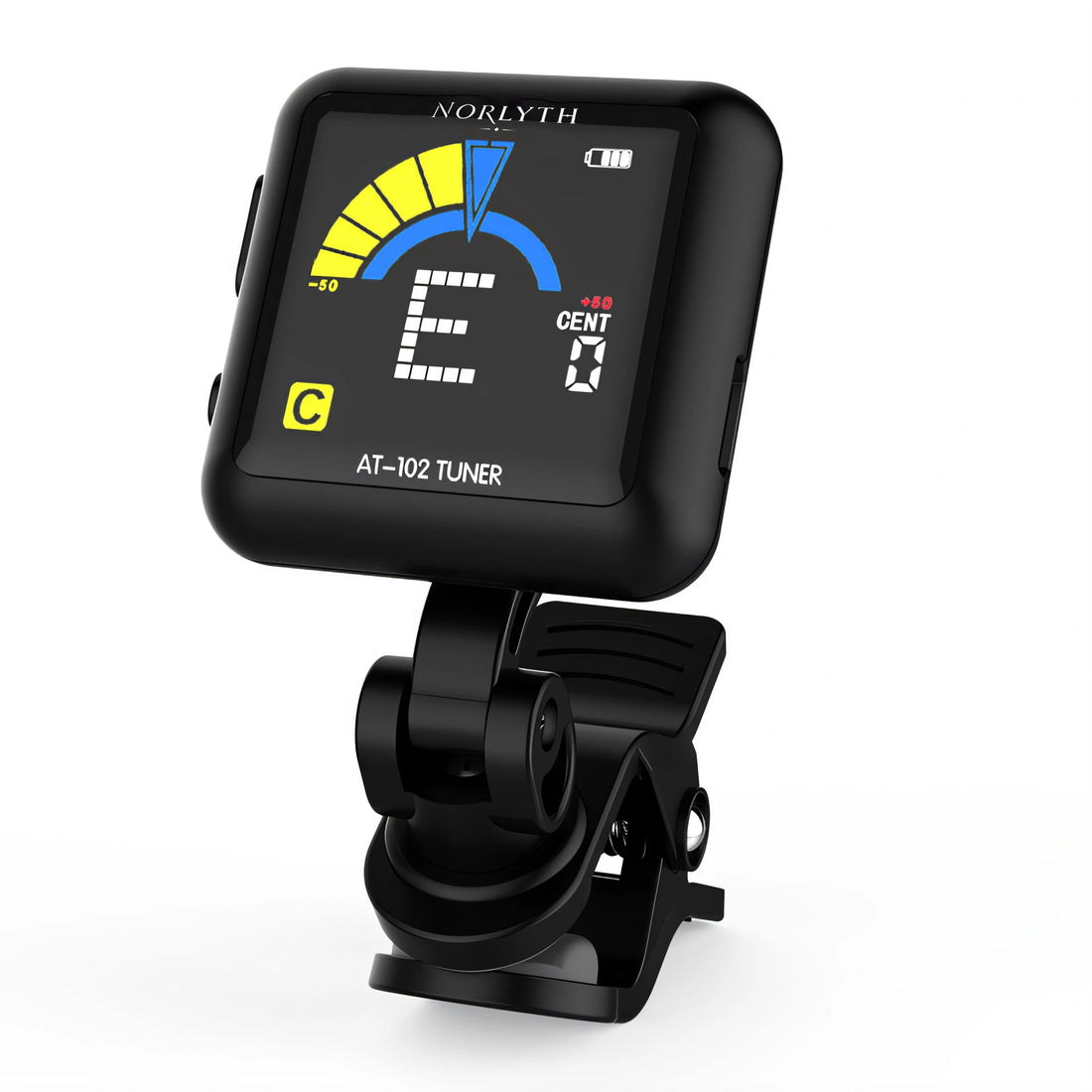 A black Norlyth AT-102 Tuner clip-on instrument tuner with a digital display screen showing a yellow, blue, and white user interface, mounted on a black adjustable clip against a white background.