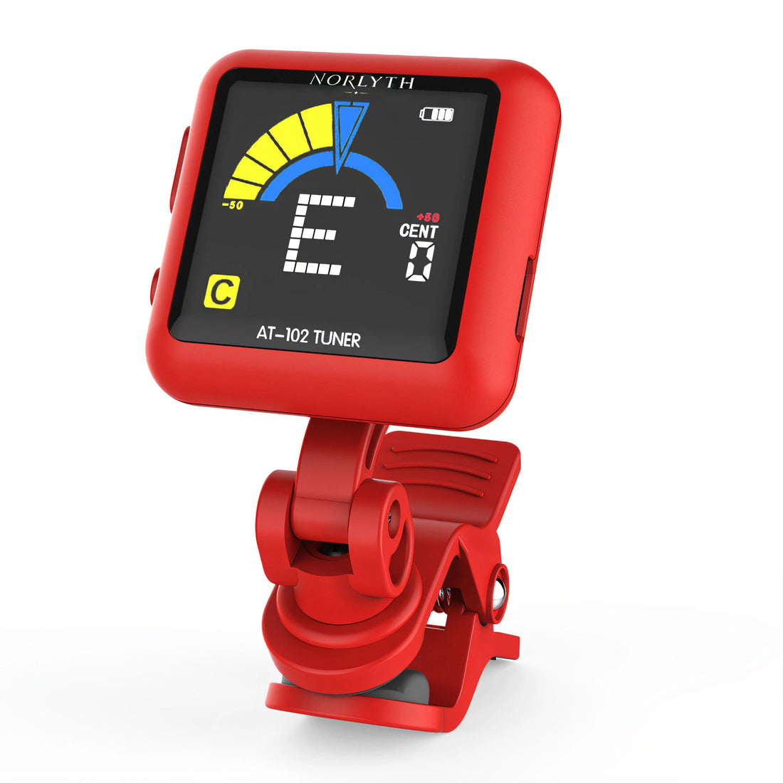 A red Noreyth AT-102 digital clip-on tuner with a black display screen showing musical notes and frequency indicators, mounted on a red clip against a white background.