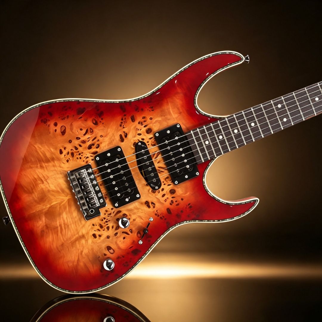 A close-up of an electric guitar body showing a vibrant red and orange flame maple wood finish with black hardware, set against a dark brown gradient background with a warm light glow.