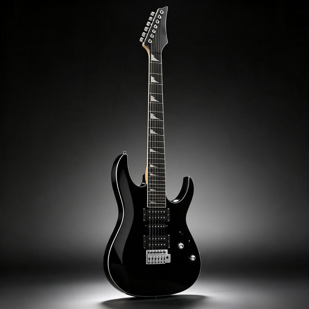 A black electric guitar with a sleek double-cutaway body, silver hardware, and a dark fretboard, photographed against a dark studio background with a spotlight effect.