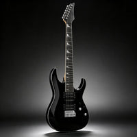 A black electric guitar with a sleek double-cutaway body, silver hardware, and a dark fretboard, photographed against a dark studio background with a spotlight effect.