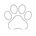 A simple black outline drawing of a paw print on a white background.