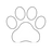 A simple black outline drawing of a paw print on a white background.