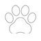 A simple black outline drawing of a paw print on a white background.