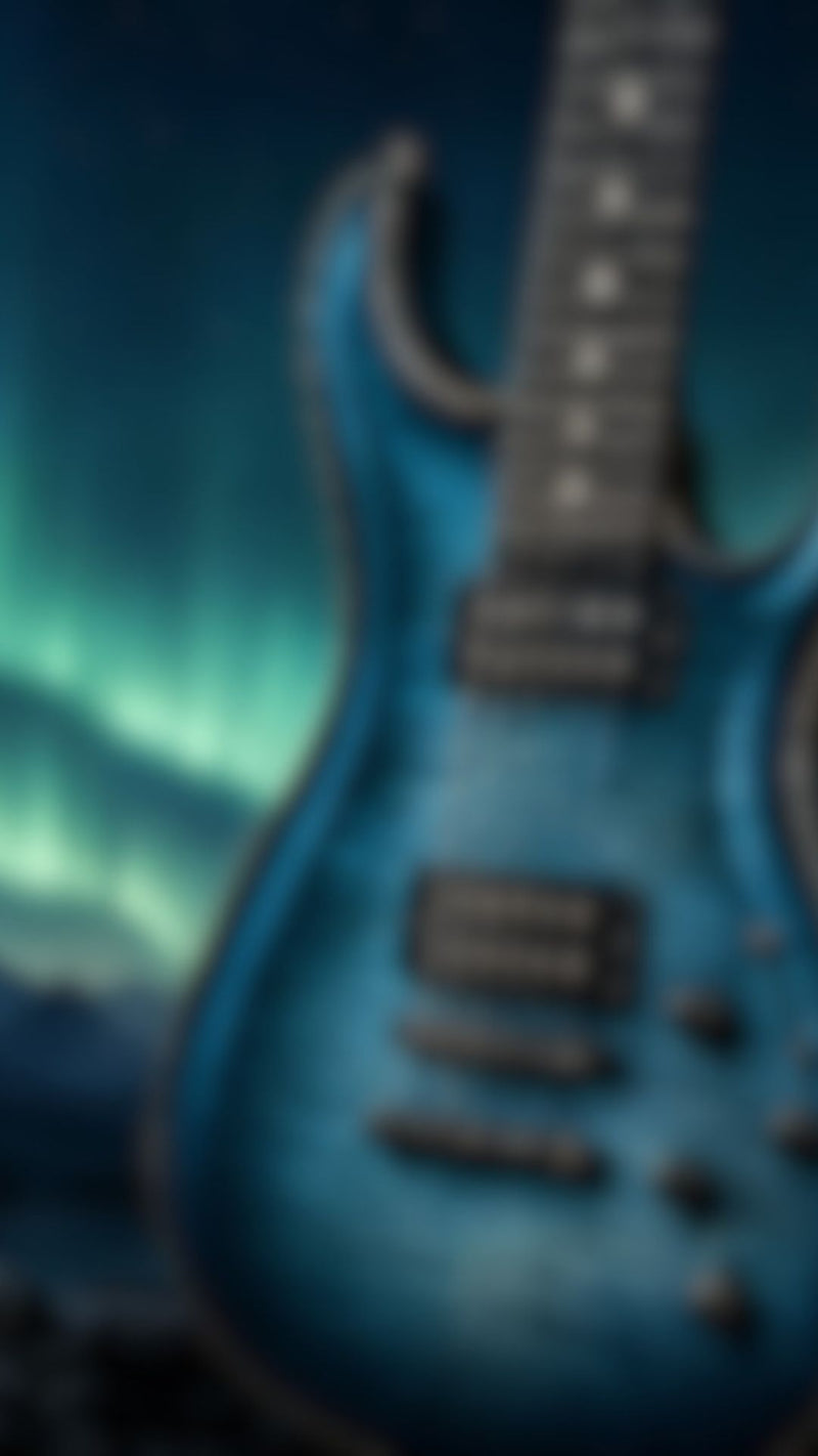 Blue electric guitar with a blurred background of green and blue hues