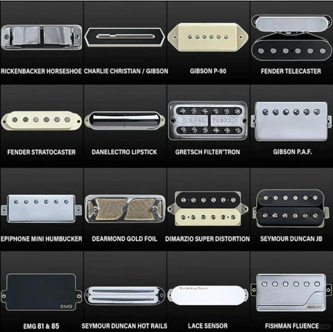 Collection of various guitar pickups on a black background