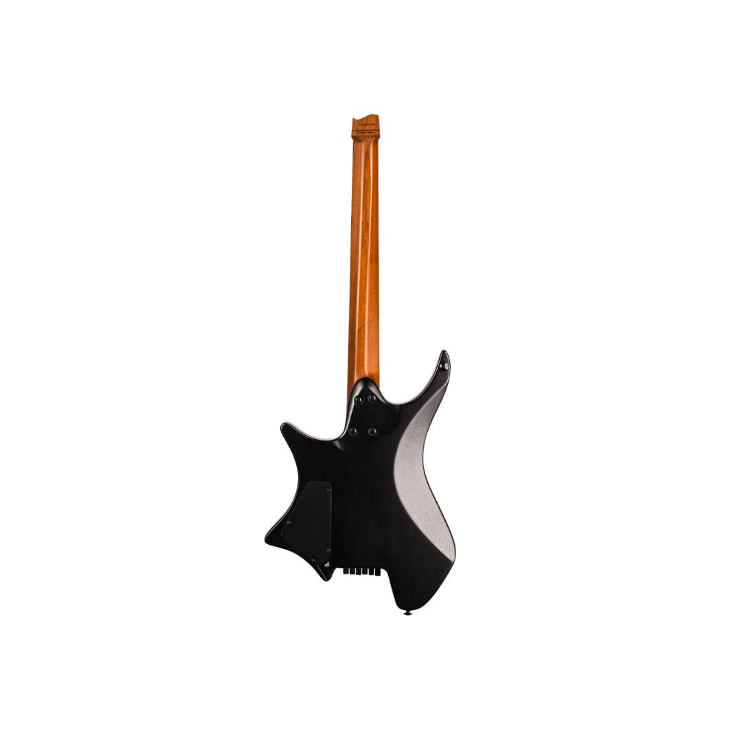 A modern electric guitar shown from the back, featuring a glossy black body with a distinctive angular shape, a light brown wood neck, and a silver-colored plastic cover over the pickups, set against a plain white background.