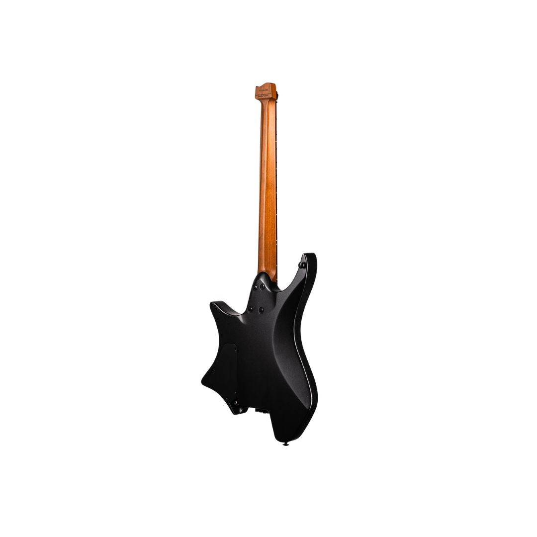 A black electric guitar shown from the side against a plain white background.