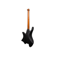 A black electric guitar shown from the side against a plain white background.