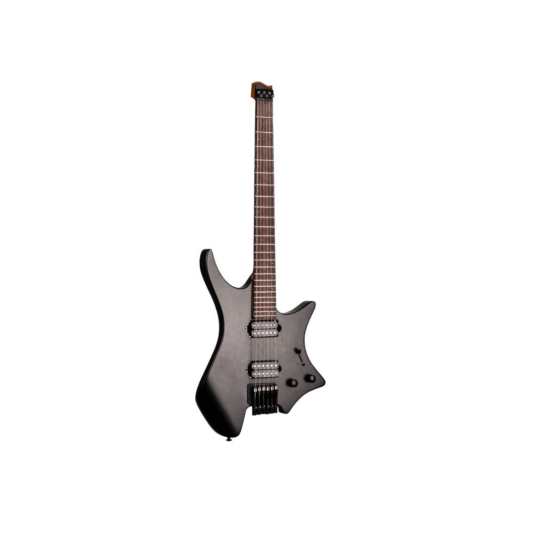 A modern electric guitar with a matte black body and a dark brown fretboard, shown against a plain white background.
