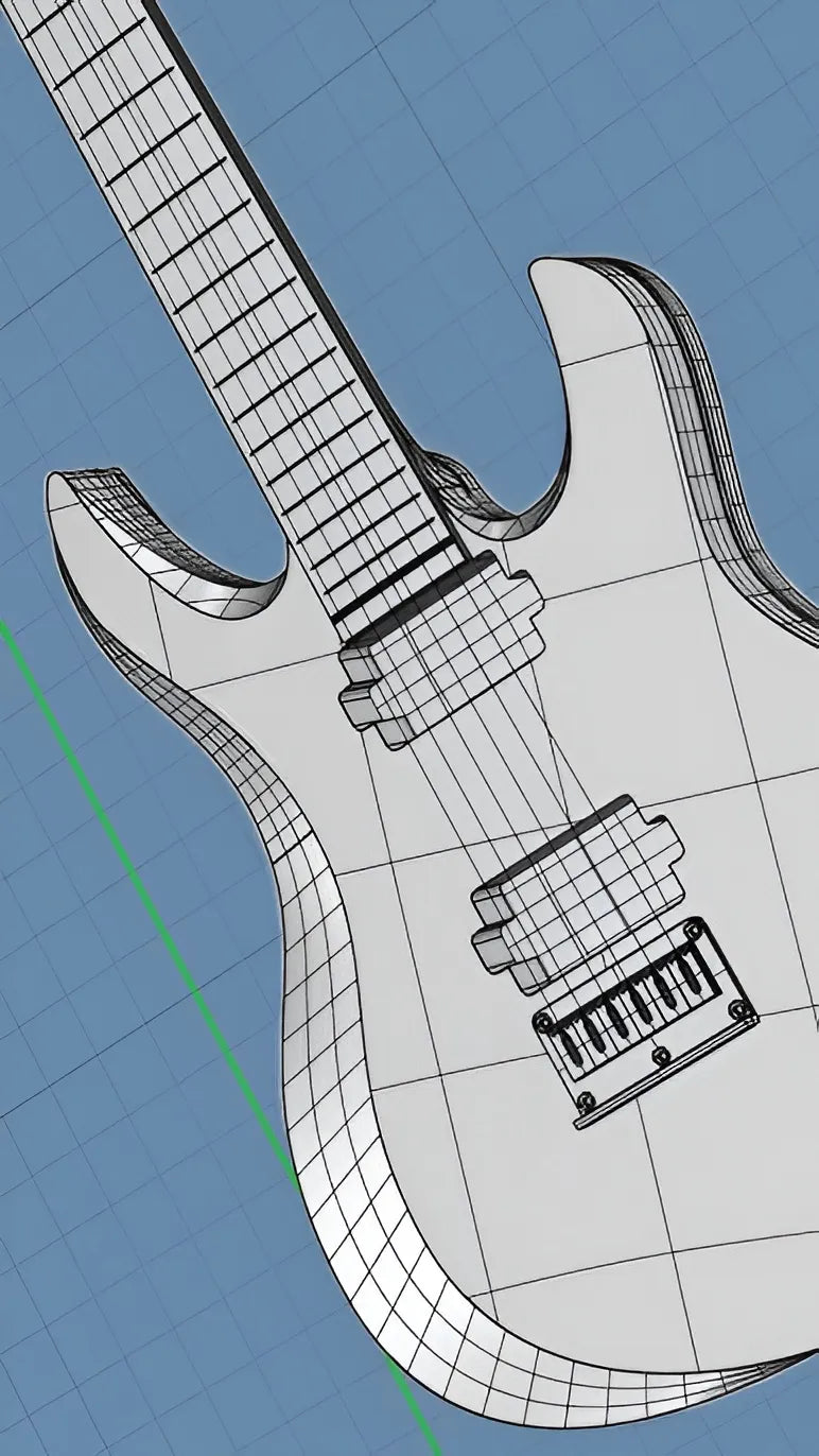 3D wireframe model of an electric guitar on a grid background