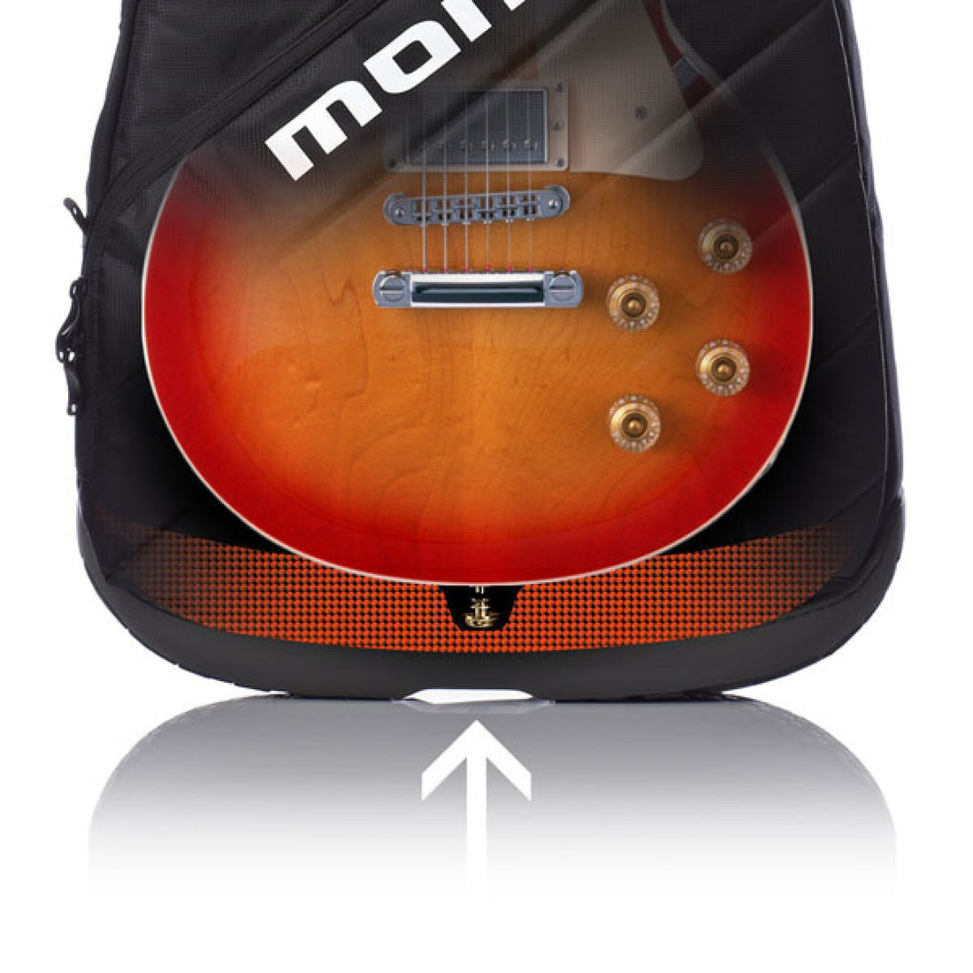 A black guitar-shaped carrying case or cover featuring a printed sunburst electric guitar design, shown against a white background with a reflection below and a white upward arrow graphic.