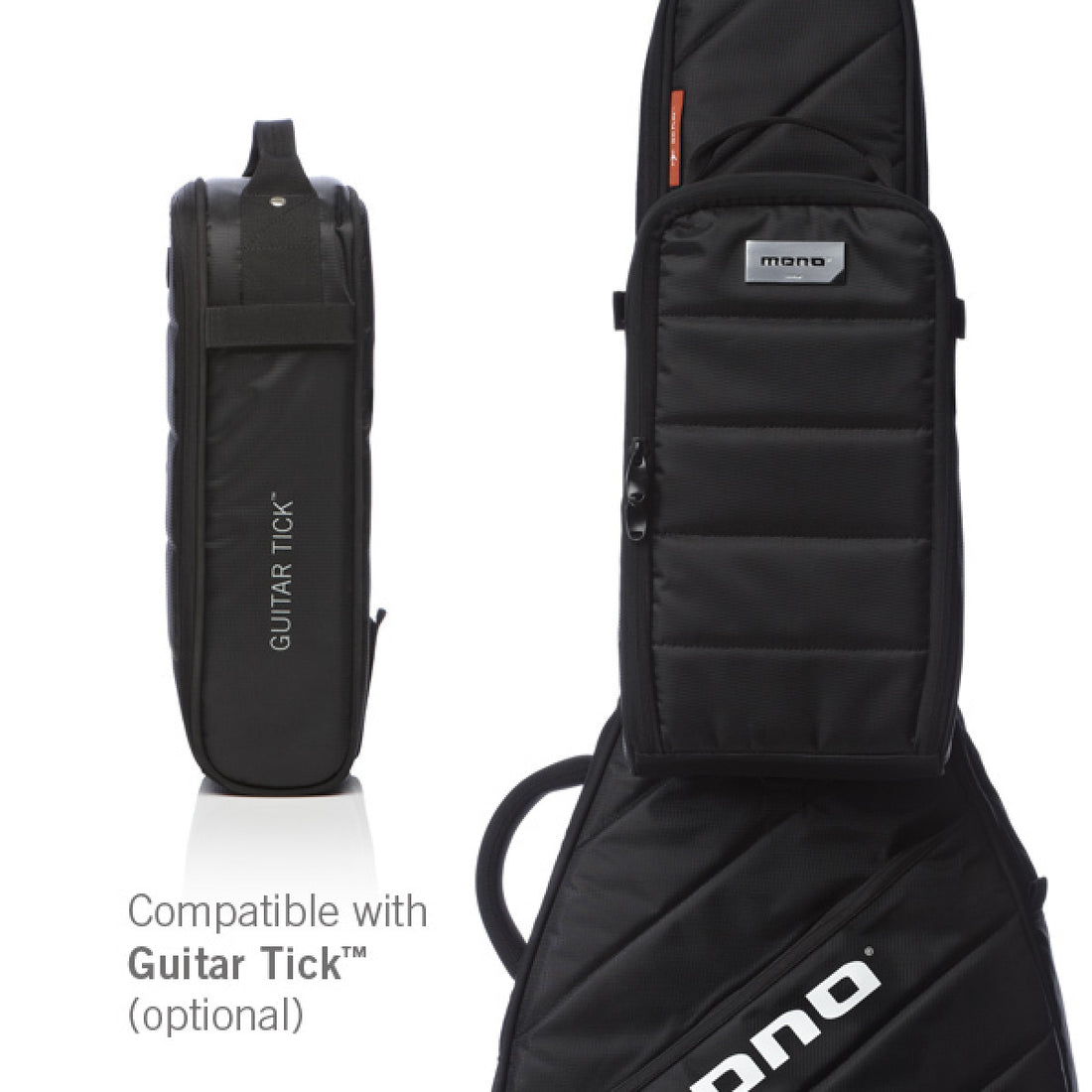 Black padded guitar accessory bag shown from multiple angles on a white background, with text noting compatibility with Guitar Tick (optional). The bag has a front zip pocket with a small &