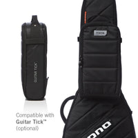 Black padded guitar accessory bag shown from multiple angles on a white background, with text noting compatibility with Guitar Tick (optional). The bag has a front zip pocket with a small 'mono' label and a large white 'mono' logo near the bottom.
