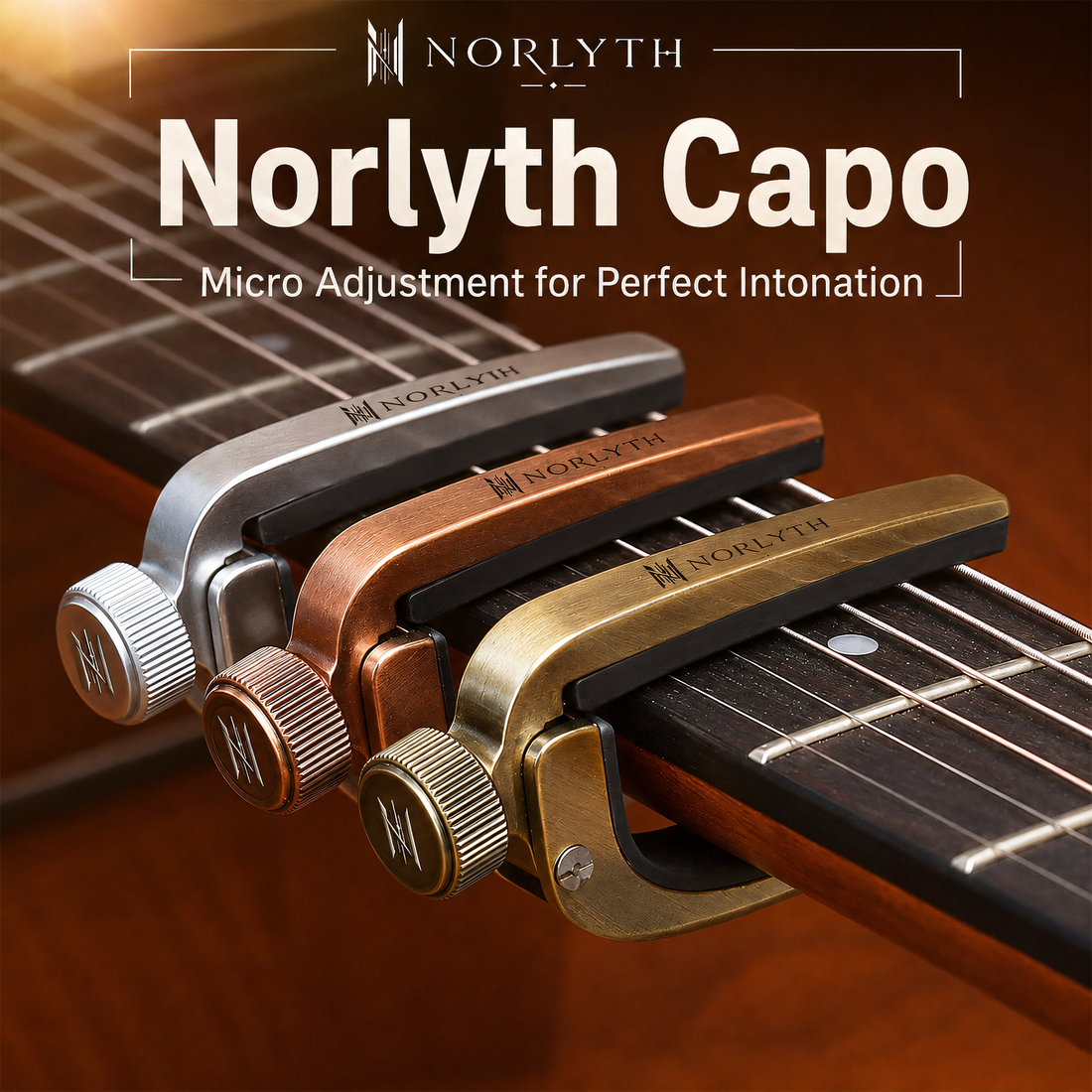 Three Norlyth Capo guitar clamps in silver, bronze, and gold tones shown on a guitar fretboard, with the text &