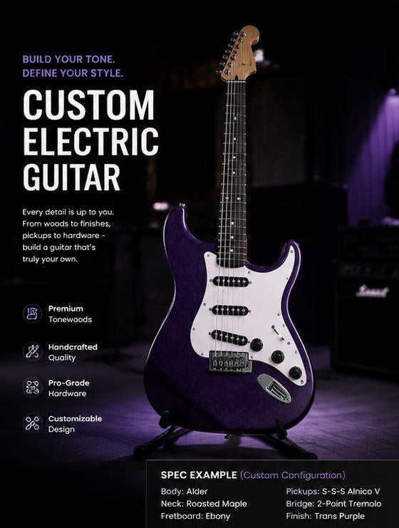 A purple electric guitar with a white pickguard is displayed on a stand in a dark studio setting with promotional text on the left side. The text reads &