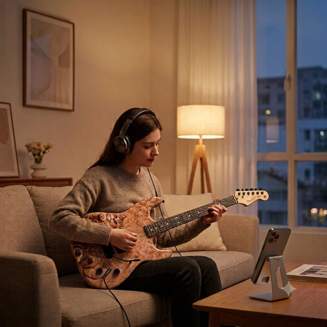 A woman sits on a beige sofa in a warmly lit living room, wearing over-ear headphones and holding an electric guitar while looking at a tablet on a stand. The room has a floor lamp, framed wall art, and a window showing the evening sky.