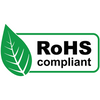 RoHS compliant badge featuring a green leaf icon on the left and the text 'RoHS compliant' in black on a white rounded rectangle with a green border, set against a solid black background.