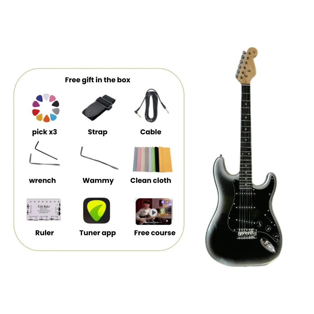 A black electric guitar is shown on a white background next to a rounded inset listing of included free gifts, including a pick set, strap, cable, wrenches, a clean cloth, a ruler, a tuner app, and a free course.