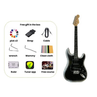 A black electric guitar is shown on a white background next to a rounded inset listing of included free gifts, including a pick set, strap, cable, wrenches, a clean cloth, a ruler, a tuner app, and a free course.