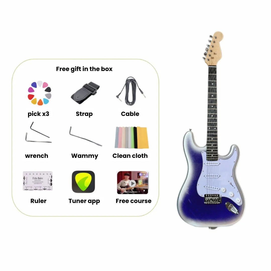 A blue-to-purple gradient electric guitar shown next to a rounded inset listing of included accessories, including a pick, strap, cable, wrench, tuner app, ruler, and free course.