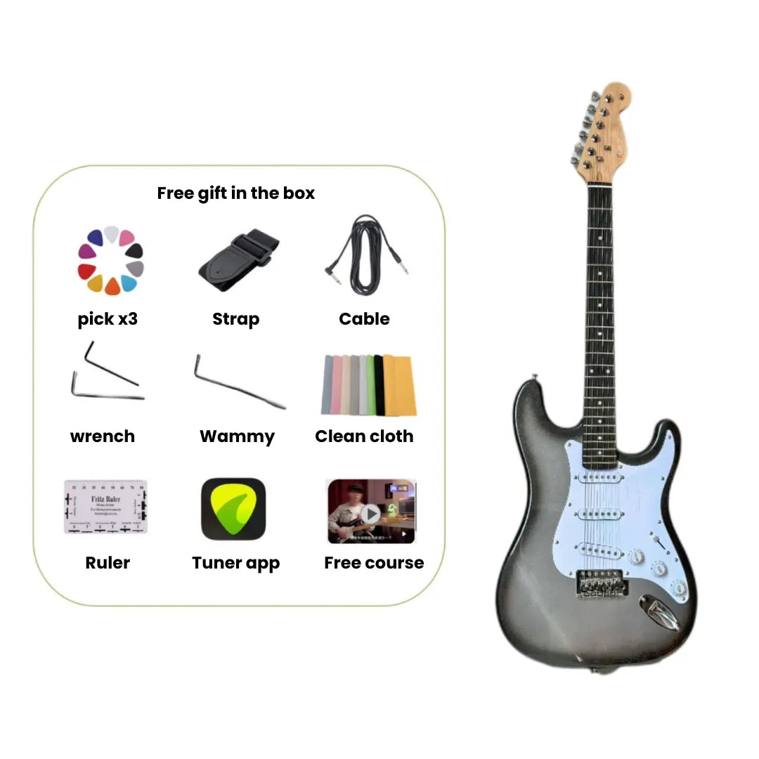 A silver electric guitar with a black pickguard and maple headstock is shown next to a rounded inset listing the included free gifts: a multicolor pick wheel, strap, cable, wrenches, a warm grip, cleaning cloth, tuner app, ruler, and free course.